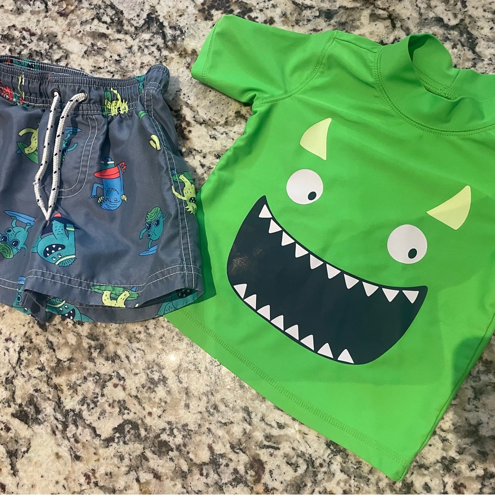 Green Monster Rash Guard and Gray Swim Shorts Set